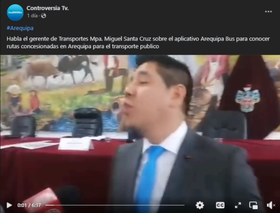 Read more about the article Controversia Tv: Habla el gerente de Transportes Mpa. Miguel Santa Cruz sobre el aplicativo Arequipa Bus para conocer rutas concesionadas en Arequipa para el transporte publico